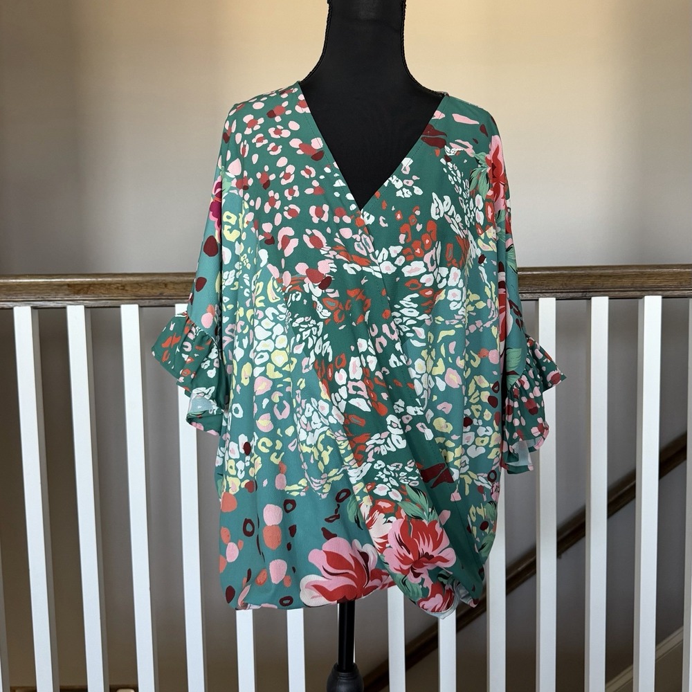 Umgee Floral Animal Print Short Sleeve Faux Wrap Blouse Top Ruffles Large Boho